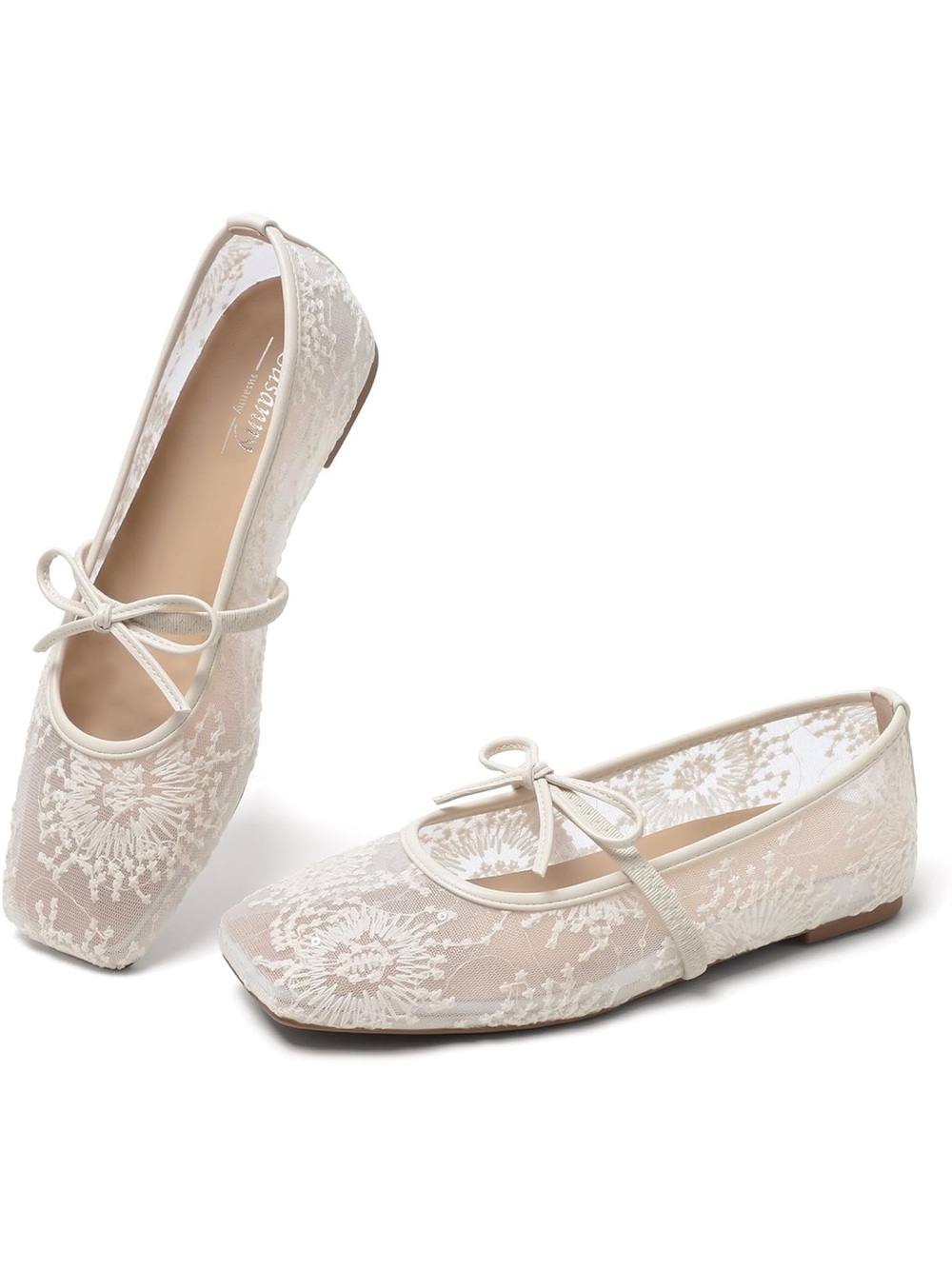 Lace Ballet Flats with Bow - Cream
